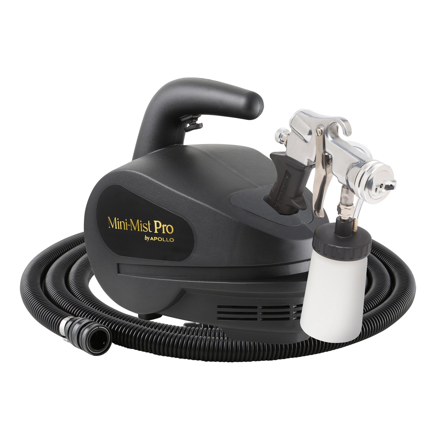 A black spray gun with a hose and attachment, part of the Apollo Sprayers Mini-Mist® PRO Spray Tan System w/T5020 Spray Gun