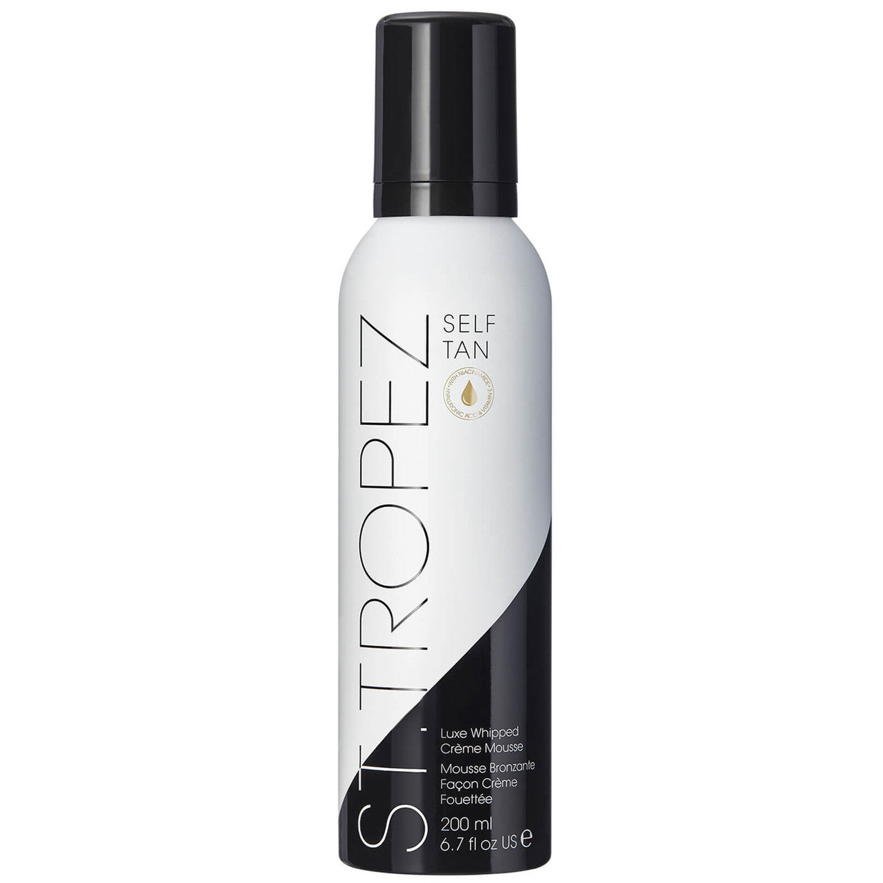 alt= A product image of St. Tropez Self Tan Luxe Whipped Crème Mousse in a 200 ml, 6.7 fl oz bottle with a black and white design.