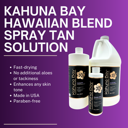 Kahuna Bay Tan Hawaiian Blend solution bottles, violet-based for an exotic bronze. Fast drying, No additional aloes or tackiness, enhances skin tone, made in USA paraben free 