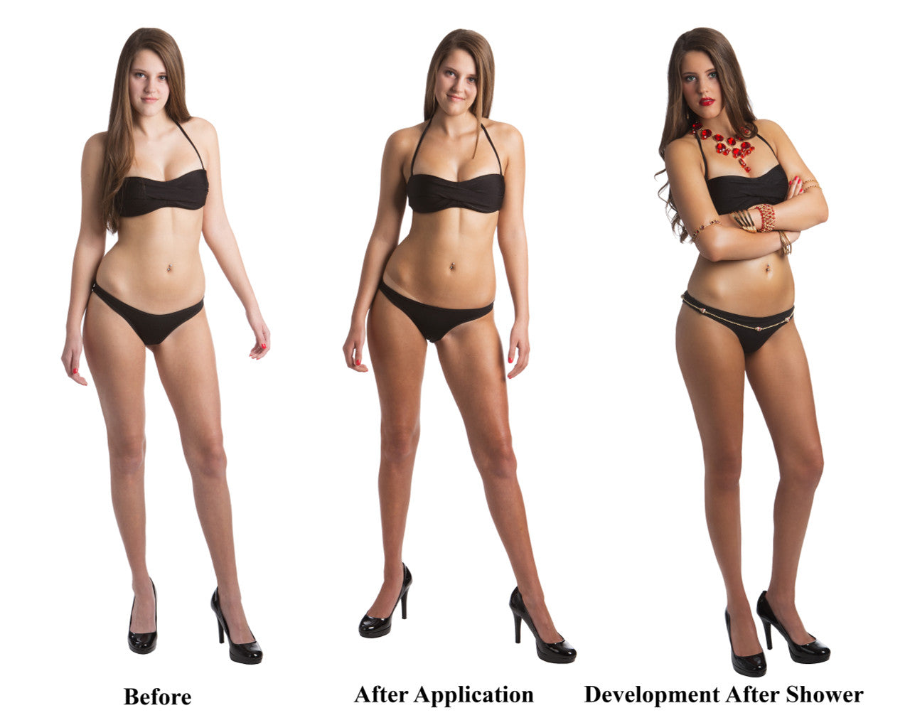 Before and after photos of girl using Kahuna Bay Tan Artesian Blend Solution: pre-tan, post-tan, and tan development stages