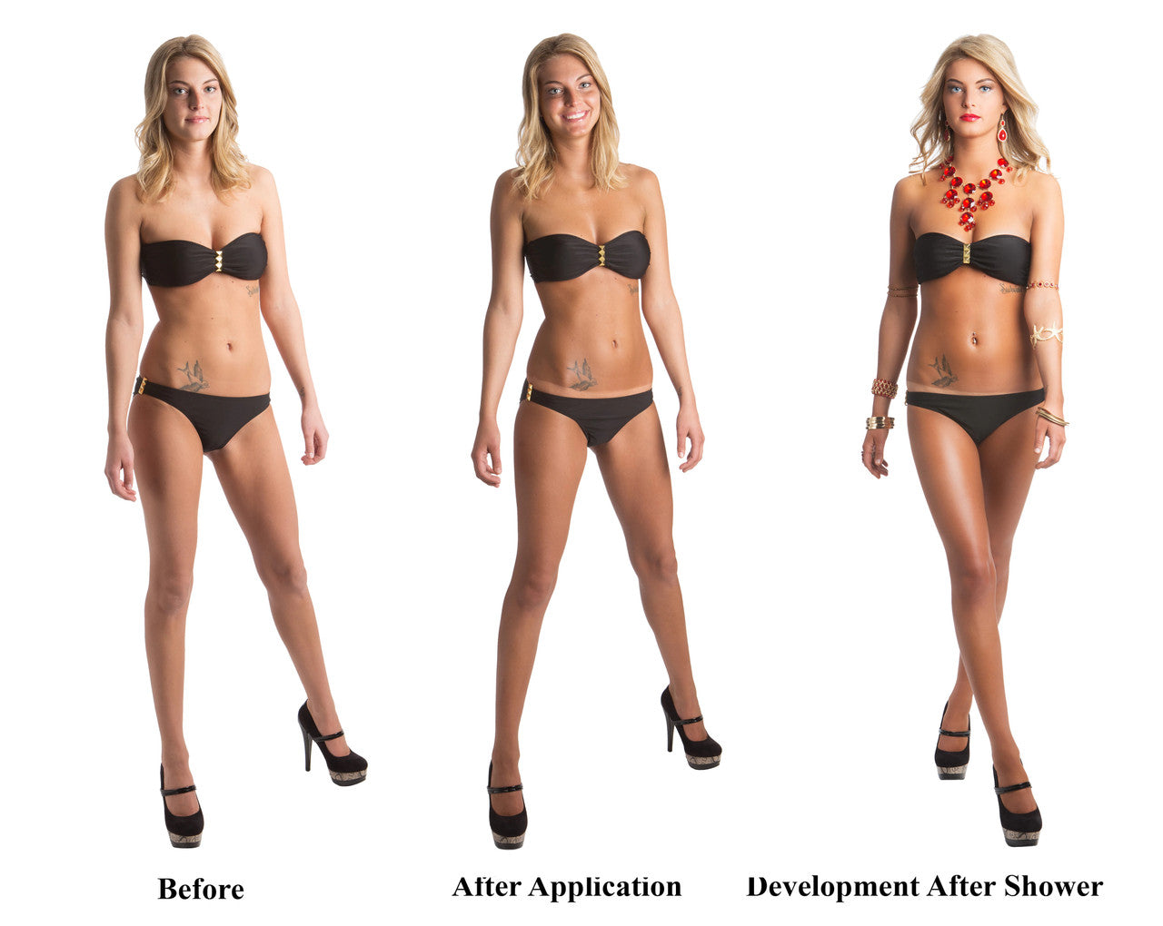Elegant before and after tan comparison of lady wearing black swimsuit and red jewelry with Artesian Blend Tan glow