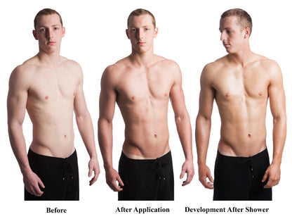 Before and after visual of tan depth with Kahuna Bay 32oz Sunless Solution for Men