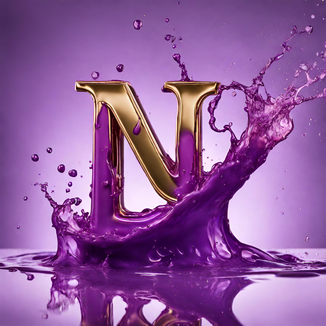 Letter N in gold and purple liquid