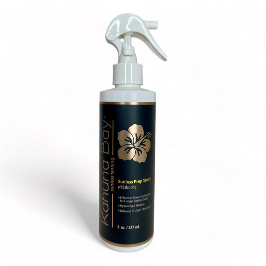 Bottle of Kahuna Bay Prep spray with mister used before spray tan