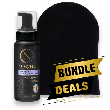 Norvell Venetian Sunless Bundle: Venetian Sunless Self Tanner Mousse with Bronzer, 8 Fl Oz - Instant Self Tanning - Natural Looking - Anti-Orange - Fake Tan for Bronzing Glow w/Velvety Applicator Mitt