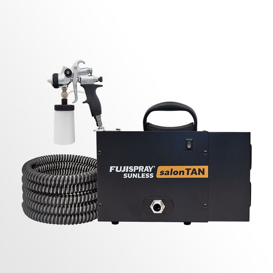 A Fuji Spray Sunless 6150 salonTAN Platinum™ spray gun with a hose and a spray bottle, featuring a 4200 T-PRO Bottom Applicator