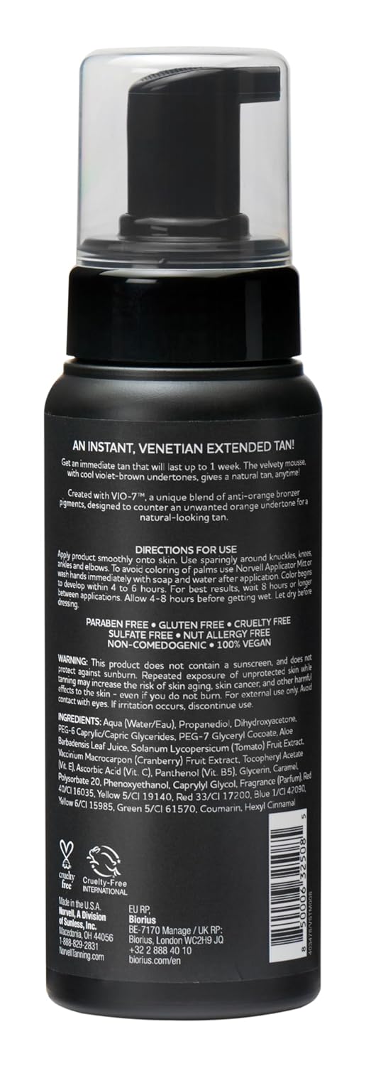 Norvell Venetian Sunless Bundle: Venetian Sunless Self Tanner Mousse with Bronzer, 8 Fl Oz - Instant Self Tanning - Natural Looking - Anti-Orange - Fake Tan for Bronzing Glow w/Velvety Applicator Mitt