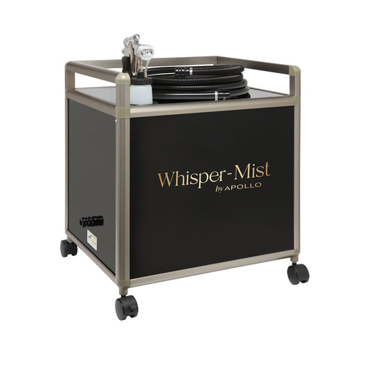 Whisper Mist machine on a black and silver cart - Apollo Sprayers' Spray Tan System with T5020 Spray Gun