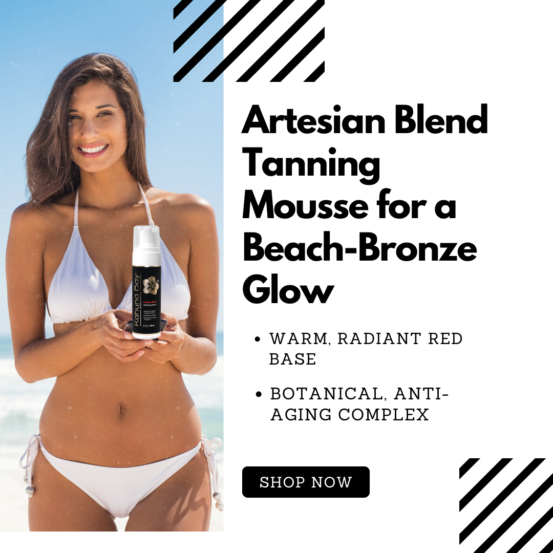 Model showcasing radiant glow from Kahuna Bay Tan Artesian Blend Mousse for a beach bronze glow.  Warm Radiant Red based, Botanical Anti Aging Complex