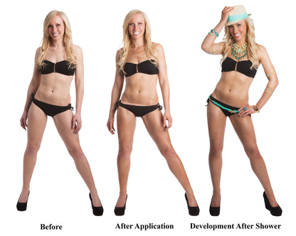 Before and after comparison of tan development with Kahuna Bay Tan Awaken Anti-Aging Dark Solution